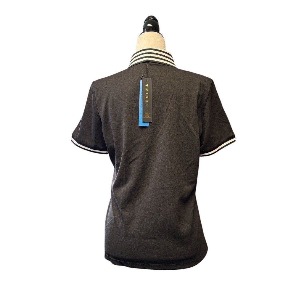 Tribal Sport Womens Black Striped Collar Polo Shirt UPF 40 Performance Top M NWT - Picture 3 of 8